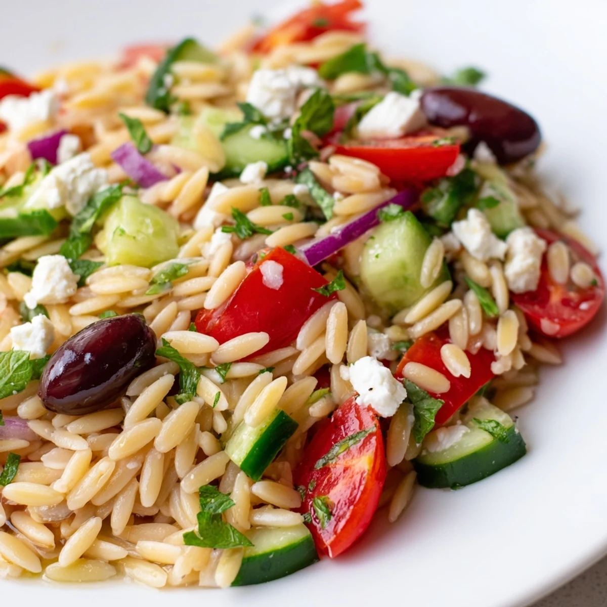 Tossed Mediterranean Orzo Pasta Salad glistening with lemon olive oil dressing and vegetables