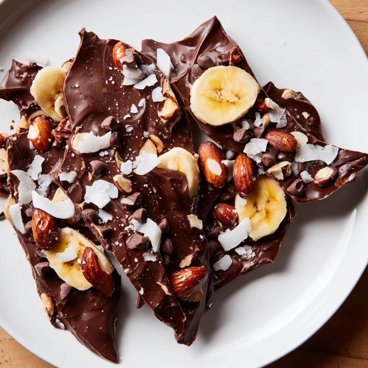 Glossy chocolate banana bark topped with crushed nuts and flaky sea salt