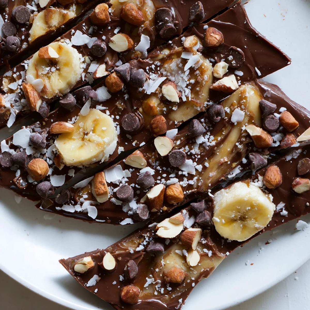 Rich chocolate banana bark broken into rustic shards on parchment paper