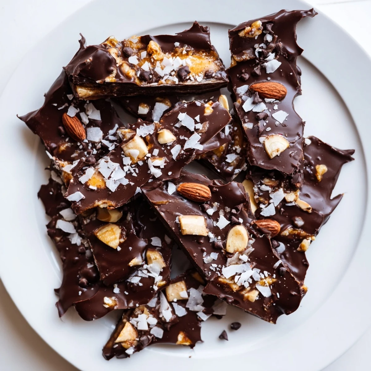 Creamy chocolate banana bark studded with roasted almonds and sweet coconut
