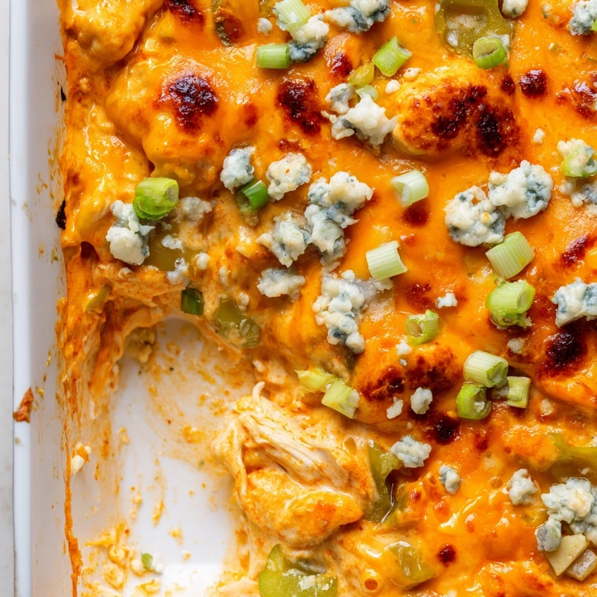 Creamy Jalapeno Buffalo Chicken Casserole topped with blue cheese crumbles and green onions