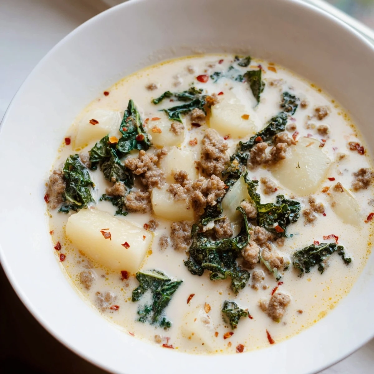 Creamy Zuppa Toscana soup with crumbled sausage, tender potatoes, and fresh kale in a rustic bowl