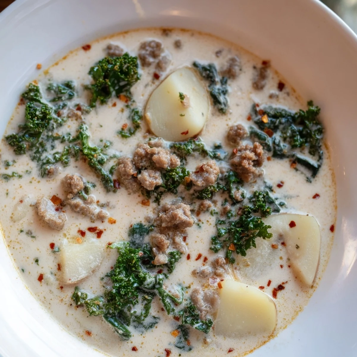 Steaming bowl of Zuppa Toscana soup topped with kale and served with crusty bread
