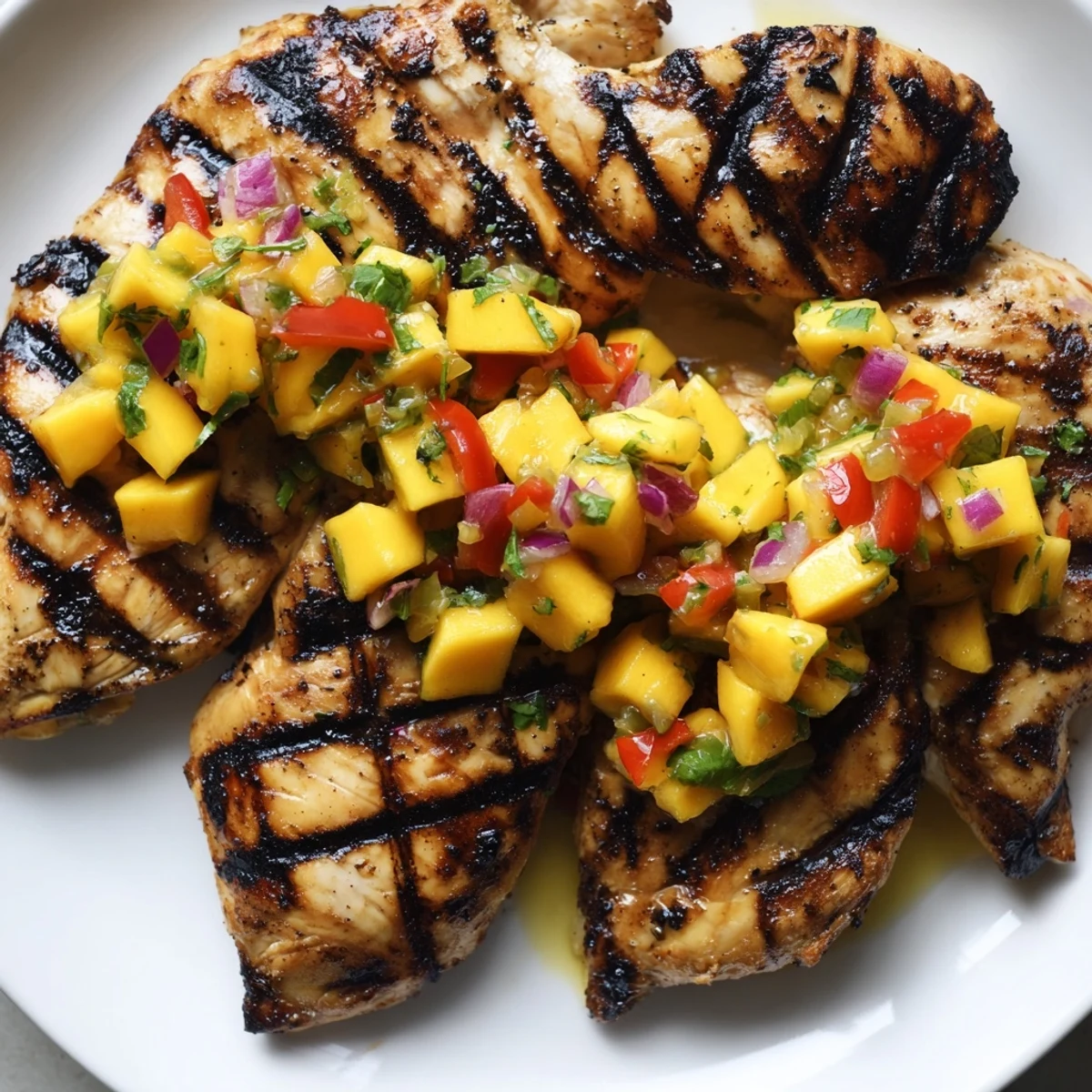 Golden grilled honey lime chicken topped with colorful mango salsa on a white plate