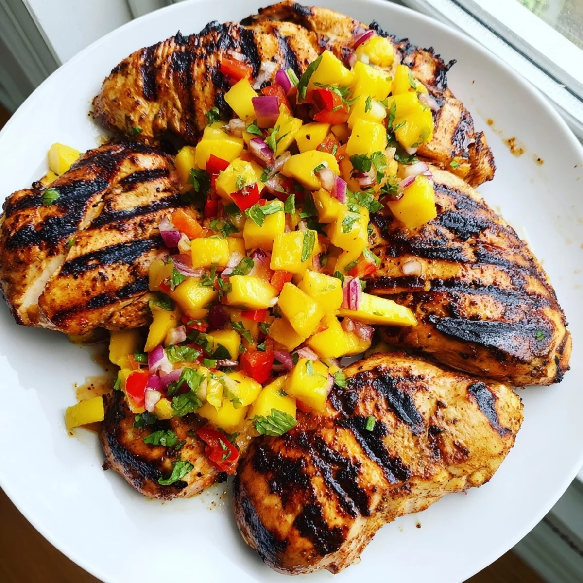 Juicy honey lime chicken with mango salsa served over fluffy jasmine rice