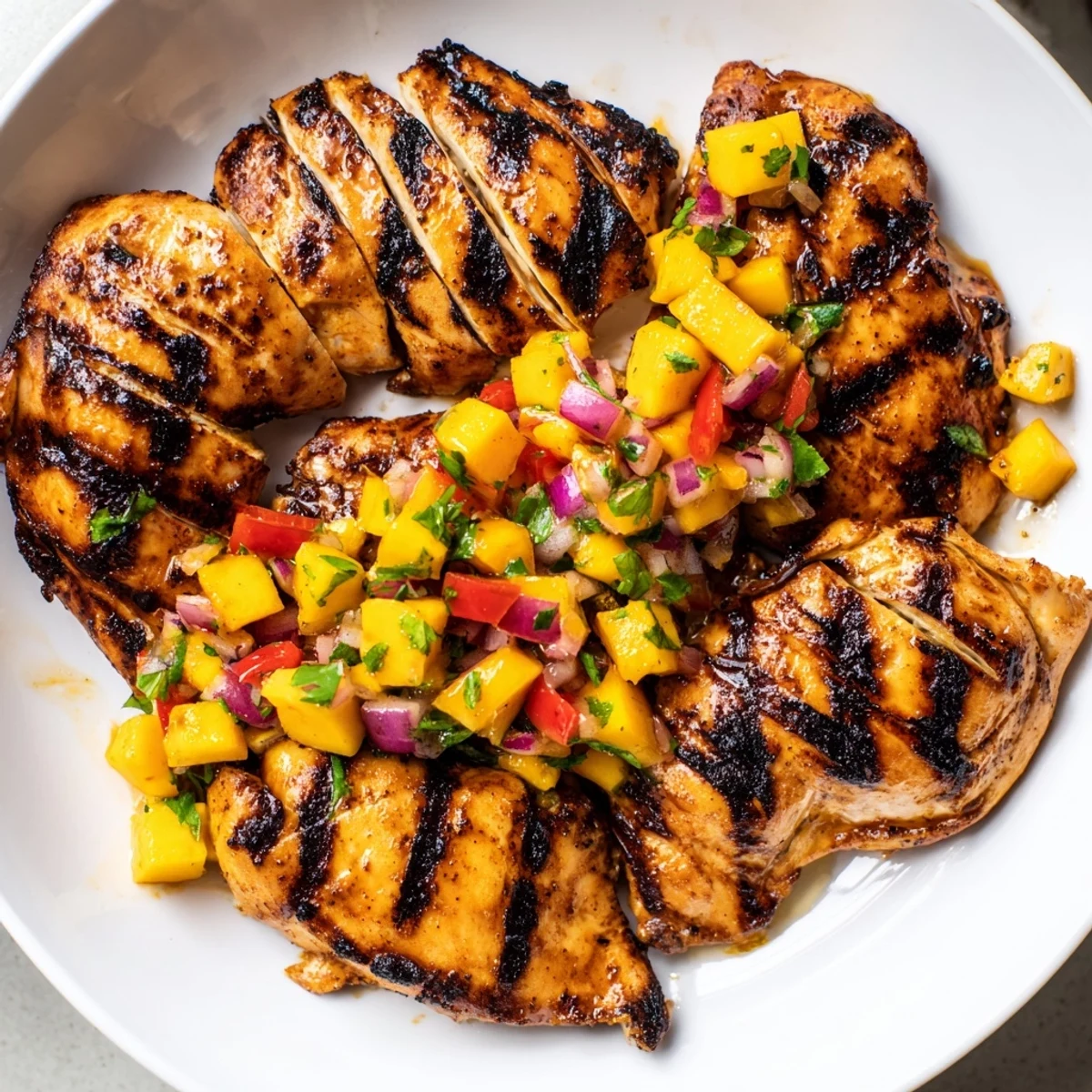 Charred honey lime chicken breasts crowned with vibrant diced mango salsa garnished with cilantro