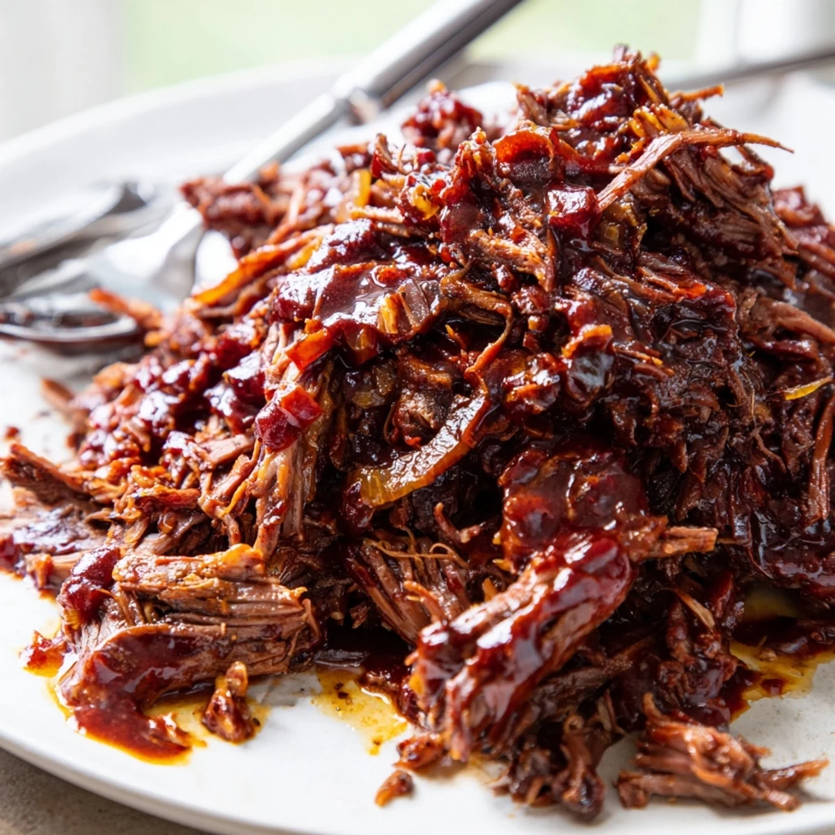 Slow Cooker BBQ Pulled Beef fork-tender and ready to serve over steamed white rice