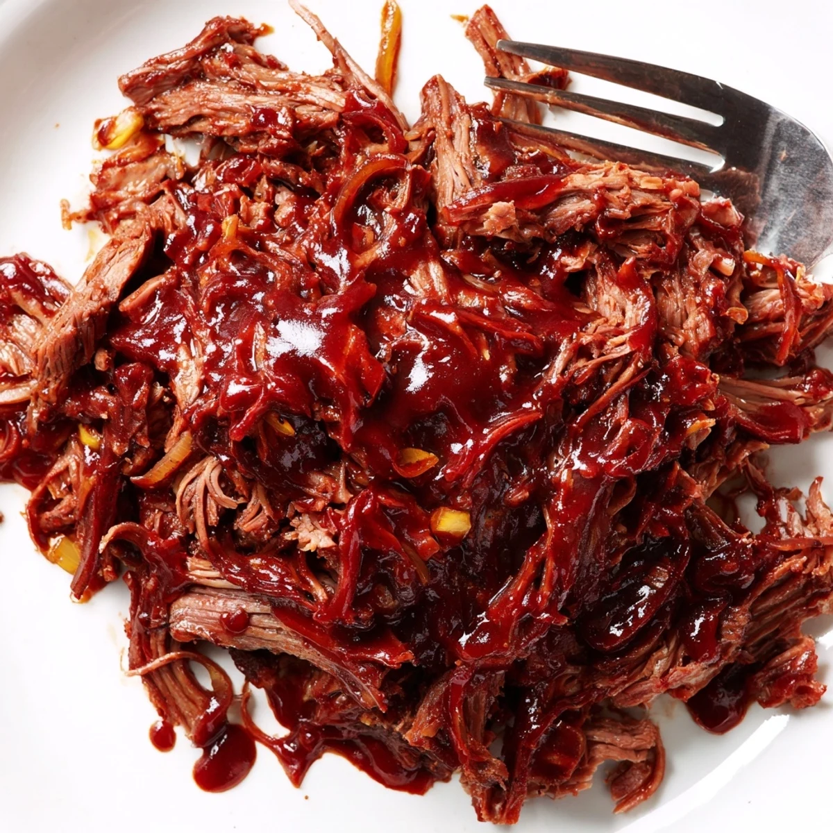 Tender shredded Slow Cooker BBQ Pulled Beef glistening in rich, smoky barbecue sauce