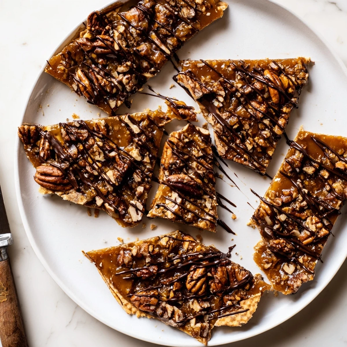Golden pecan pie bark with gooey caramel topping drizzled with rich dark chocolate