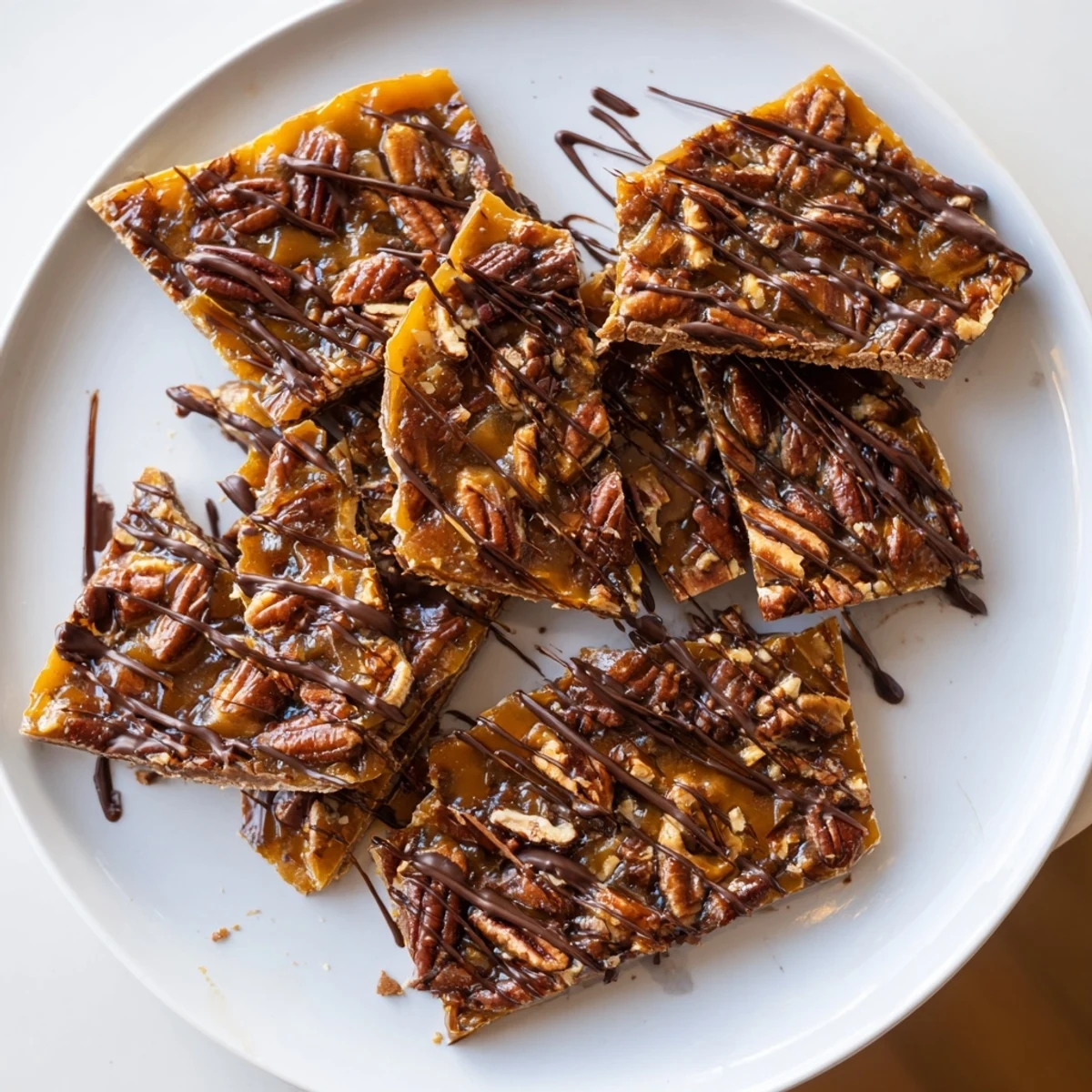 Crunchy buttery pecan pie bark pieces studded with toasted nuts and sweet maple glaze