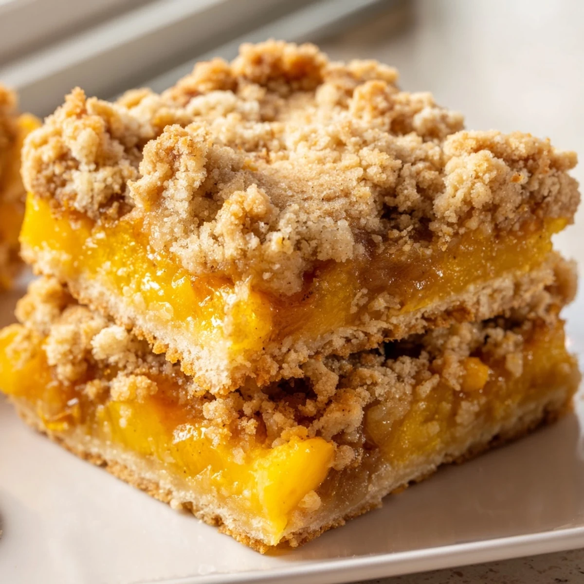 Warm sweet and buttery peach bars with cinnamon streusel sliced into squares on a rustic cutting board