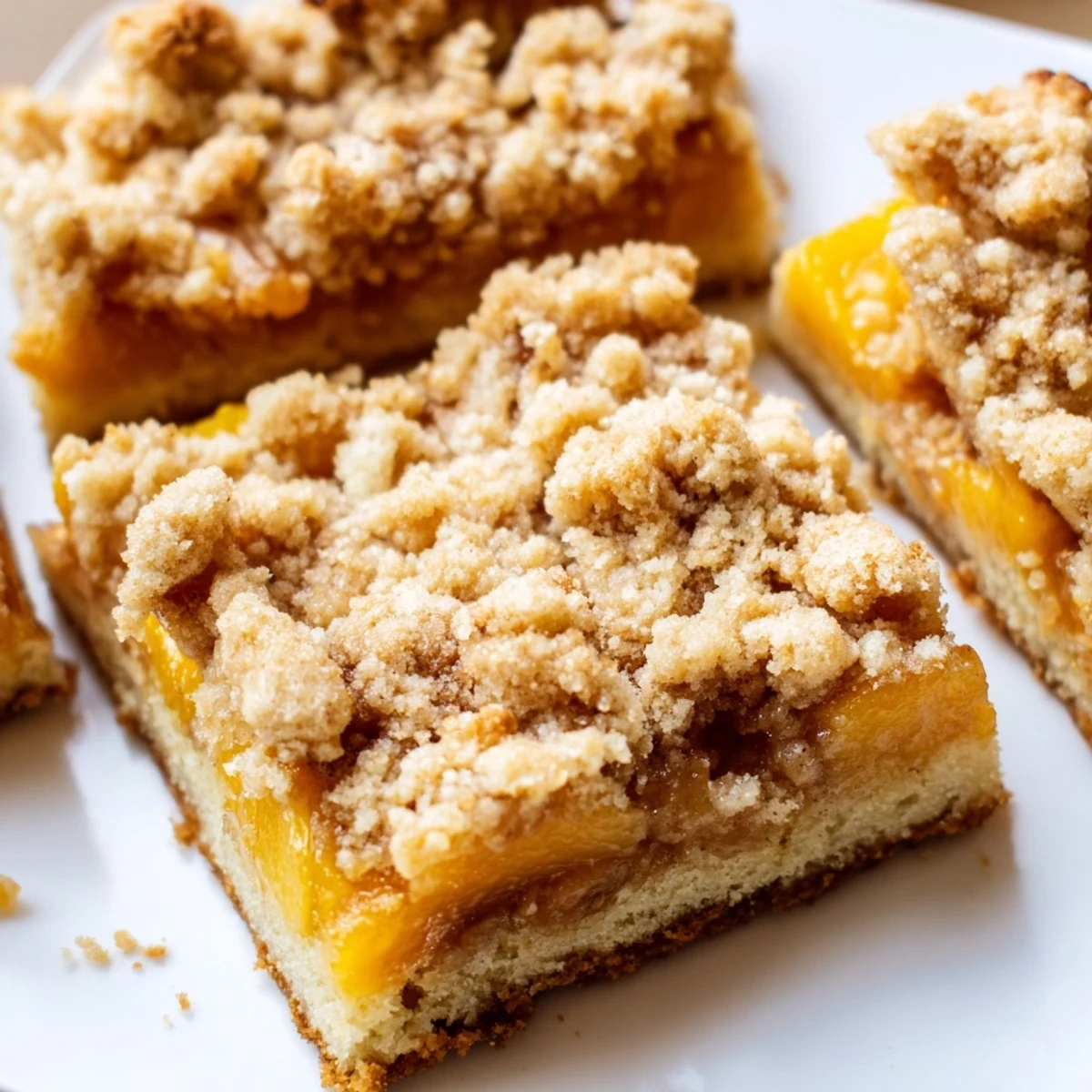 Sweet and buttery peach bars with cinnamon streusel topped with golden crumbly topping fresh from the oven