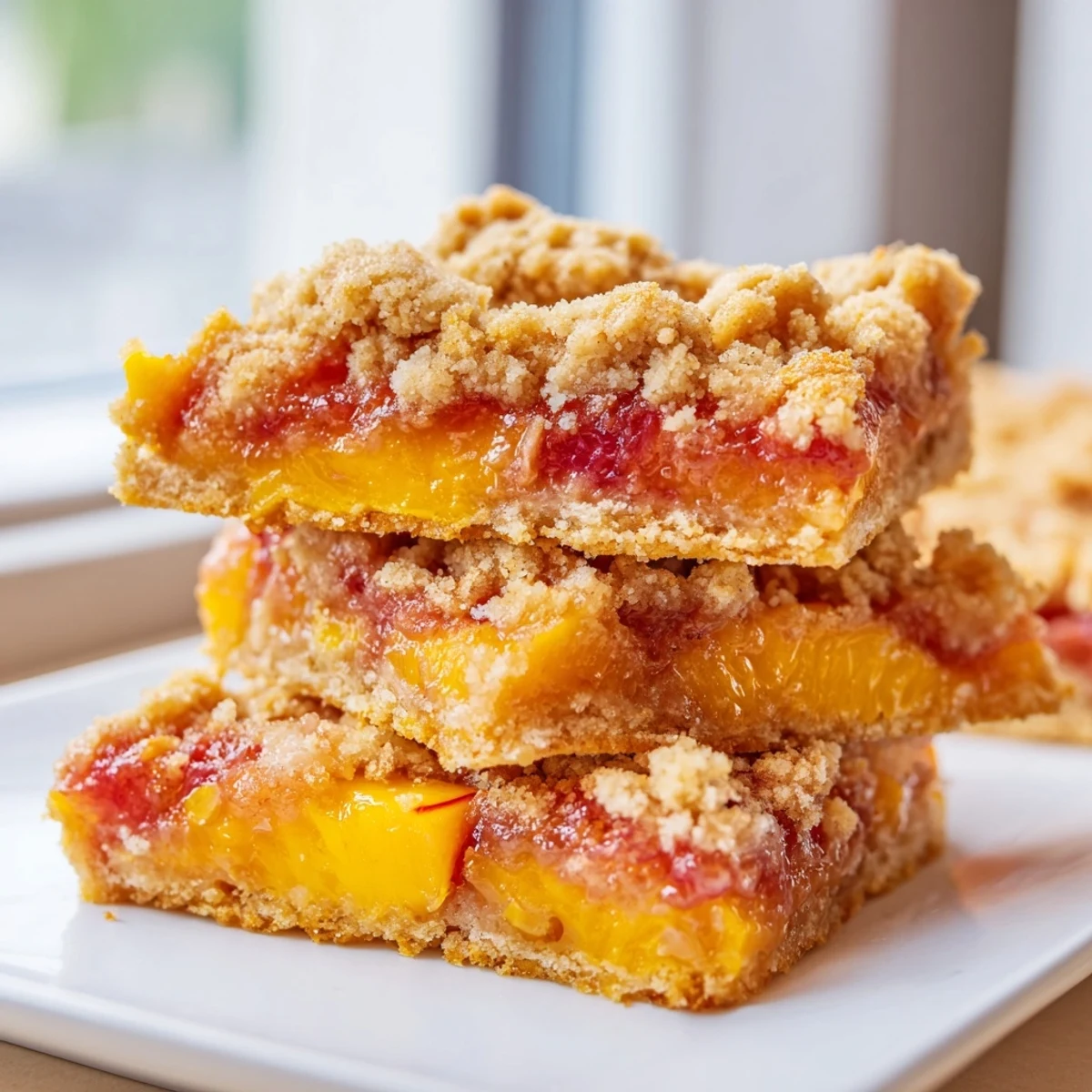 Golden sweet and buttery peach bars with cinnamon streusel served on a plate with vanilla ice cream