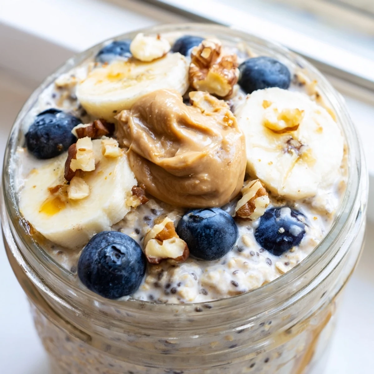 Creamy protein overnight oats topped with fresh berries and a drizzle of nut butter