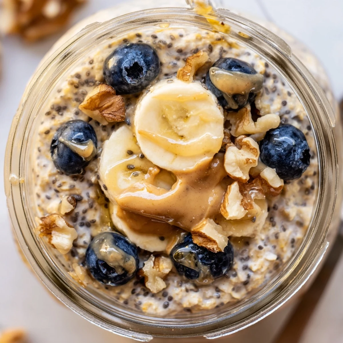 Thick and luscious protein overnight oats served in a jar with sliced banana toppings