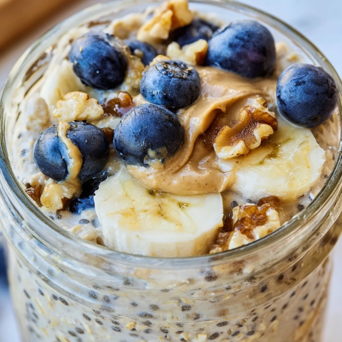 Chilled protein overnight oats layered with Greek yogurt, chia seeds, and colorful fresh fruit