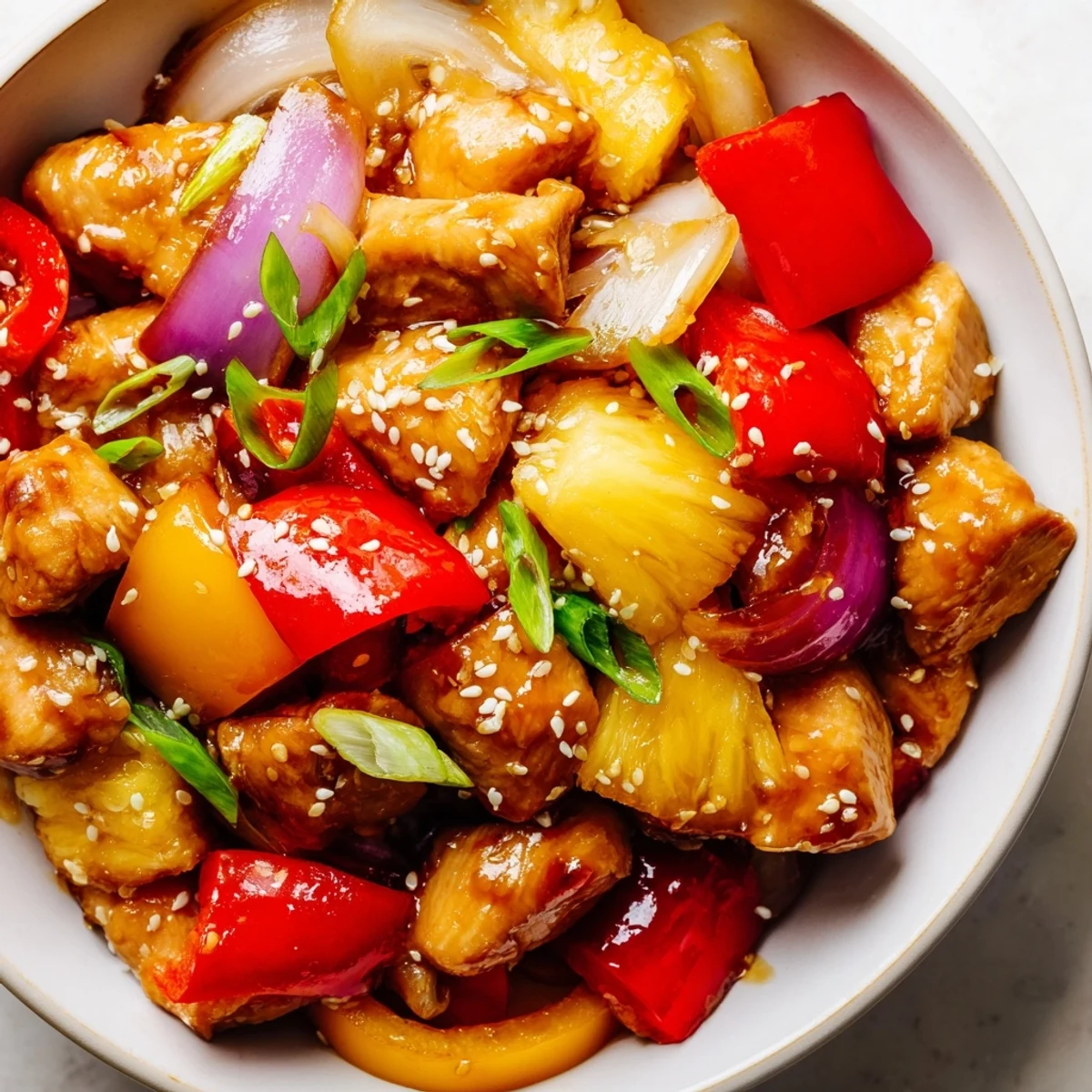 Hawaiian chicken glazed in glossy pineapple sauce with sautéed bell peppers and onions