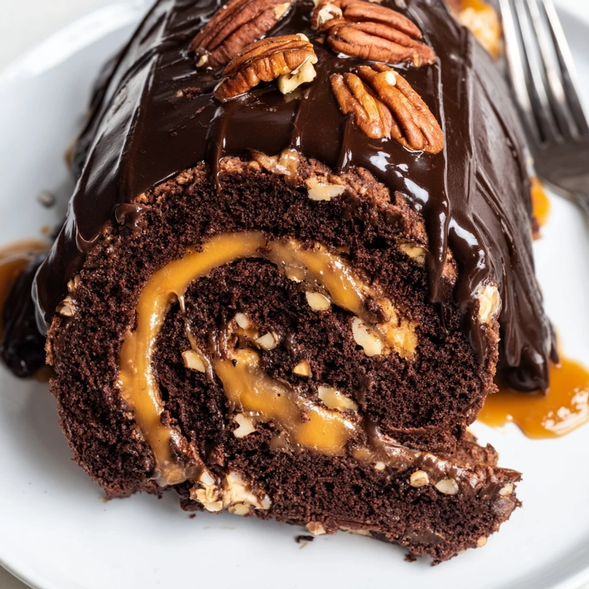 Gooey Chocolate Caramel Turtle Cake Roll sliced and drizzled with rich ganache