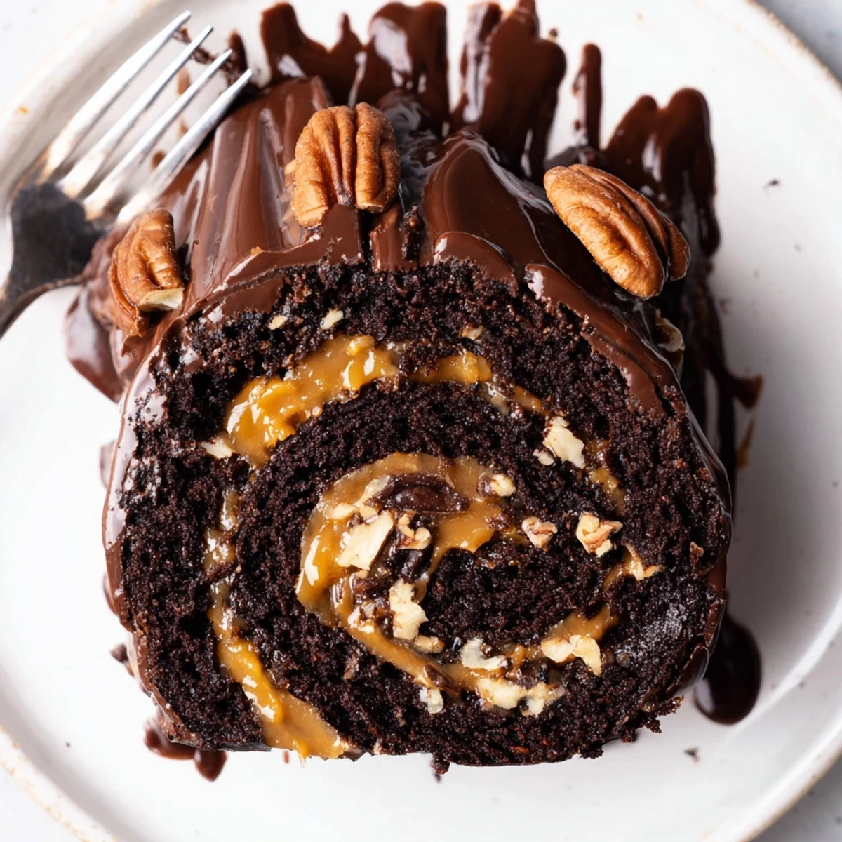 Gooey Chocolate Caramel Turtle Cake Roll swirling with caramel and chocolate ganache