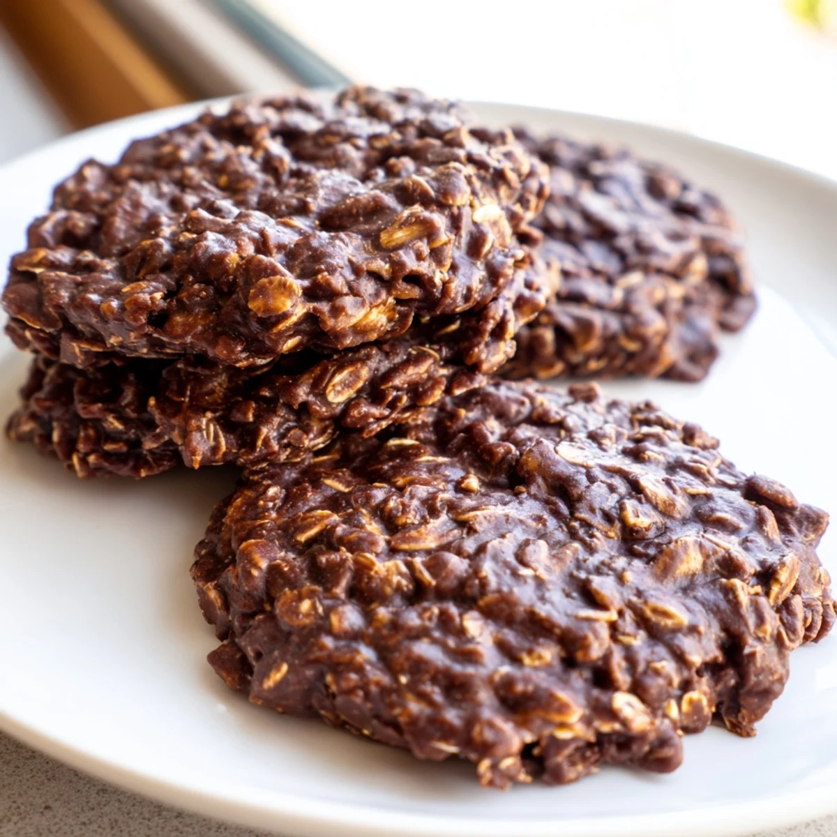 Fudgy chocolate oatmeal no bake cookies piled on parchment, speckled with oats