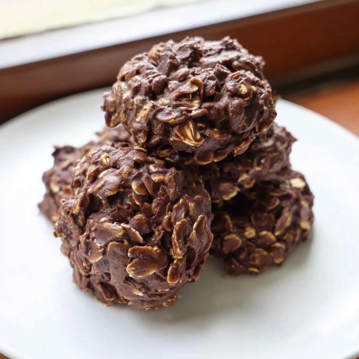 Chewy chocolate oatmeal no bake cookies with swirls of melted peanut butter