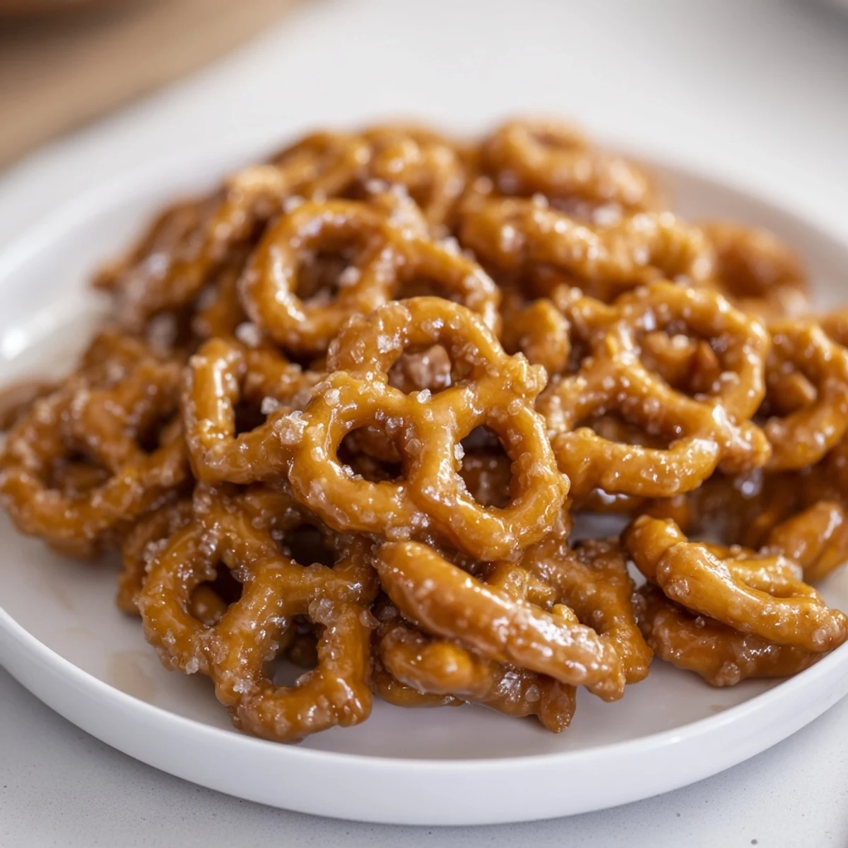 Golden homemade butter toffee pretzels arranged on a baking sheet after cooling.