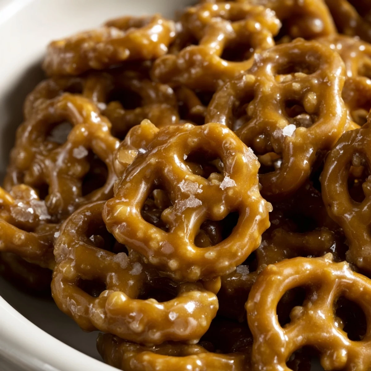 A pile of sweet buttery toffee pretzels ready for serving at parties.