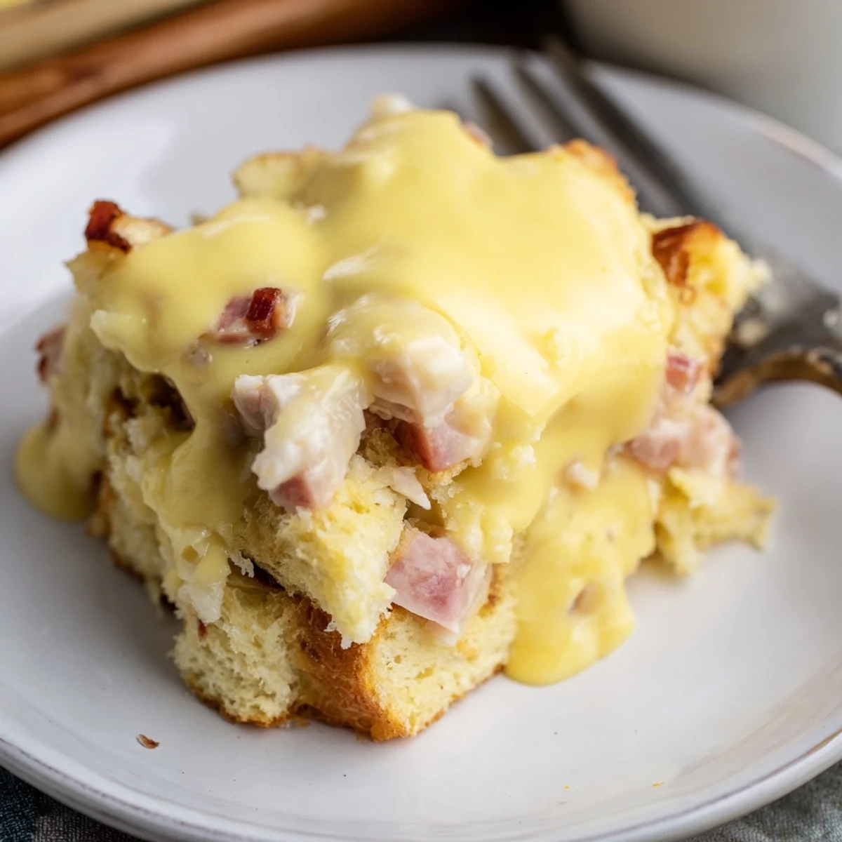 Golden slices of Eggs Benedict casserole drizzled with rich hollandaise sauce.