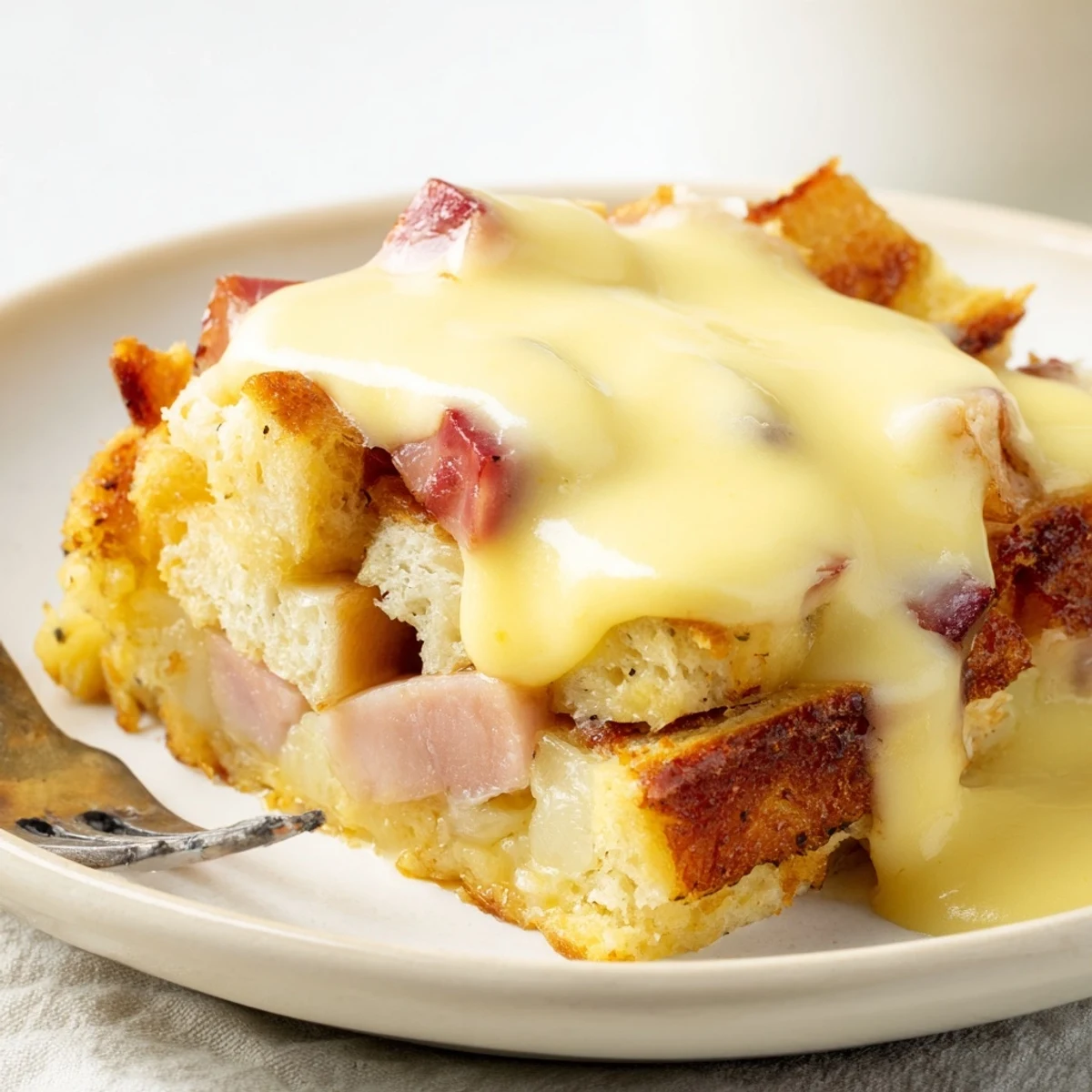 Hearty breakfast casserole layered with English muffins and Canadian bacon before baking.