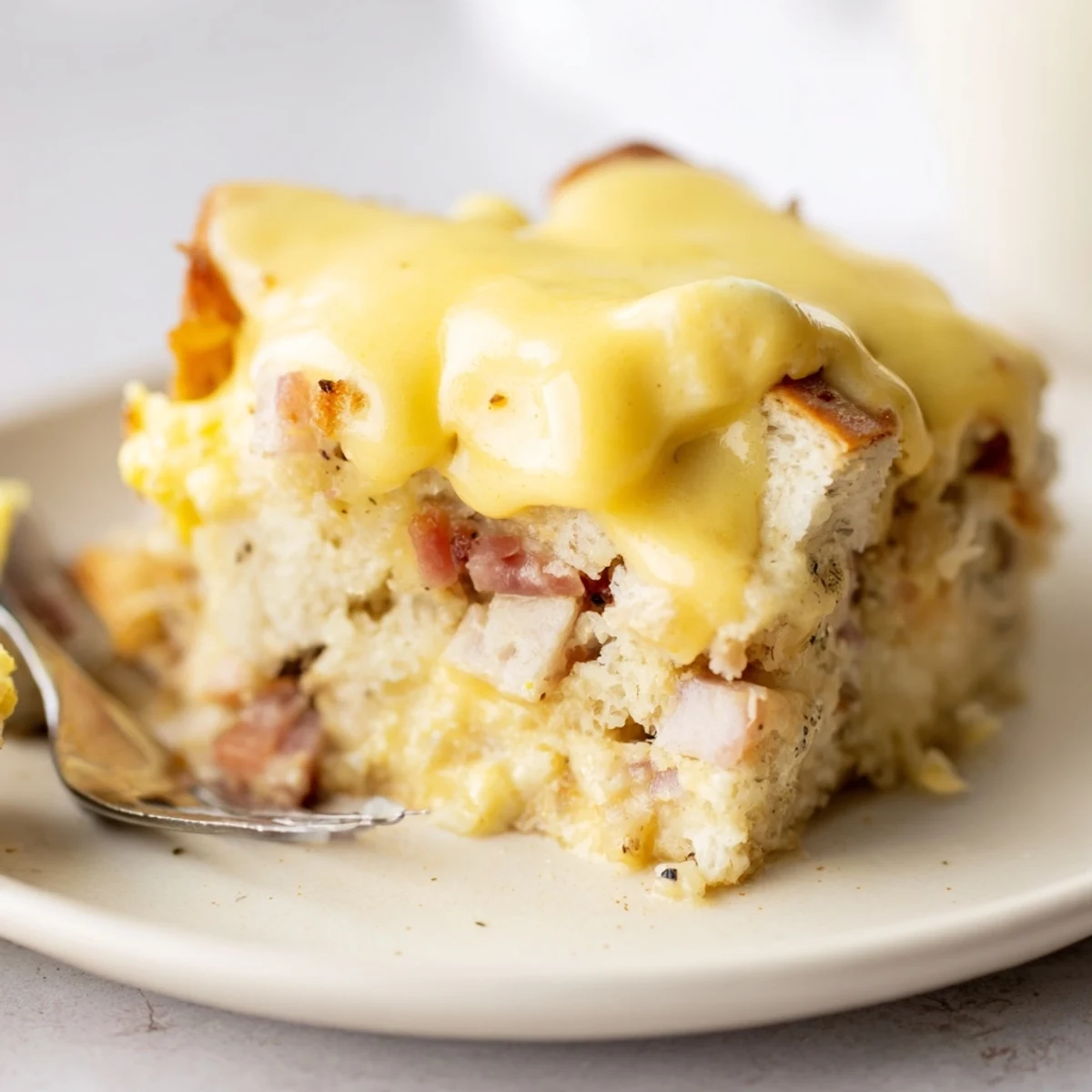 Creamy hollandaise sauce topping a warm serving of Eggs Benedict casserole.