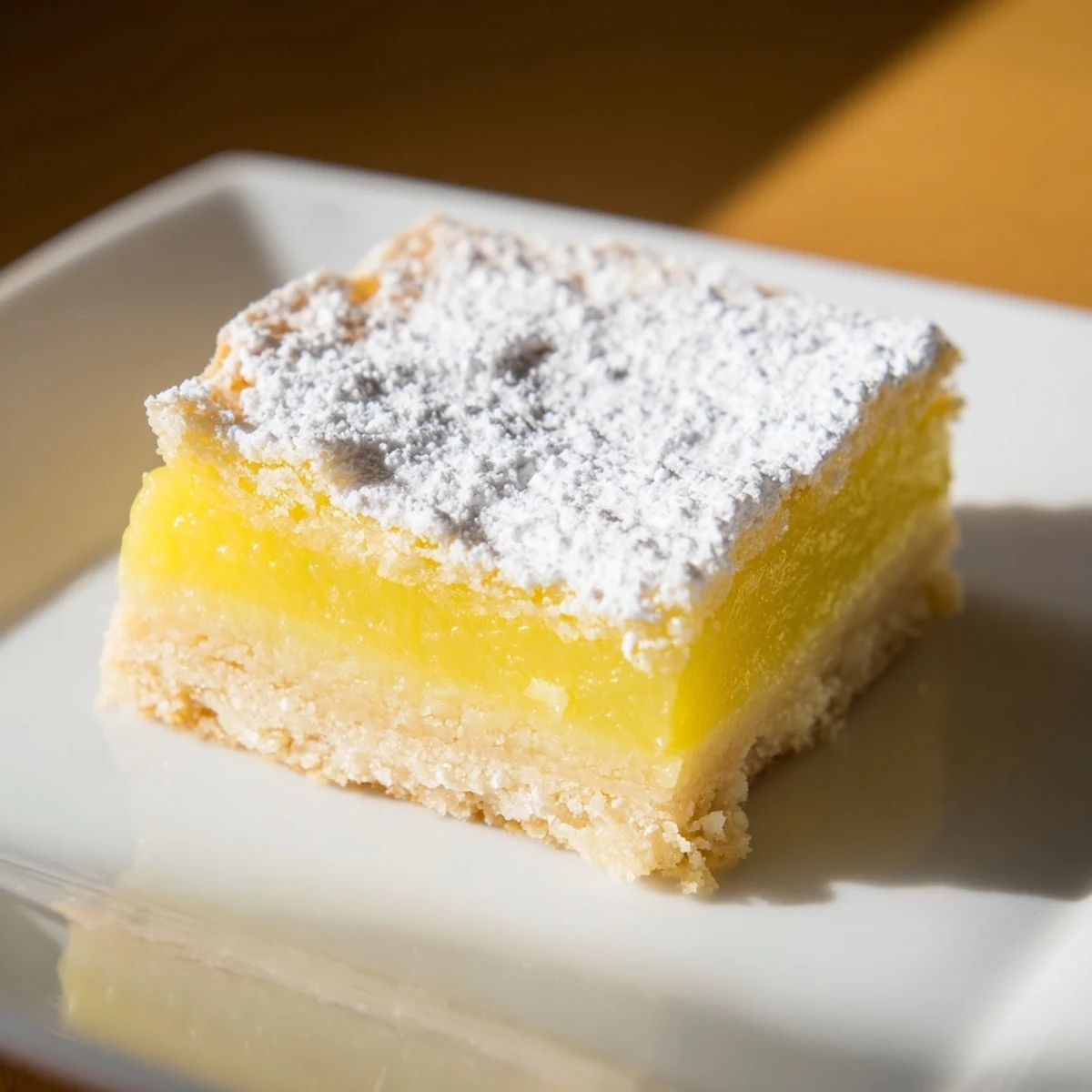 Golden simple lemon bars topped with powdered sugar on a white plate  