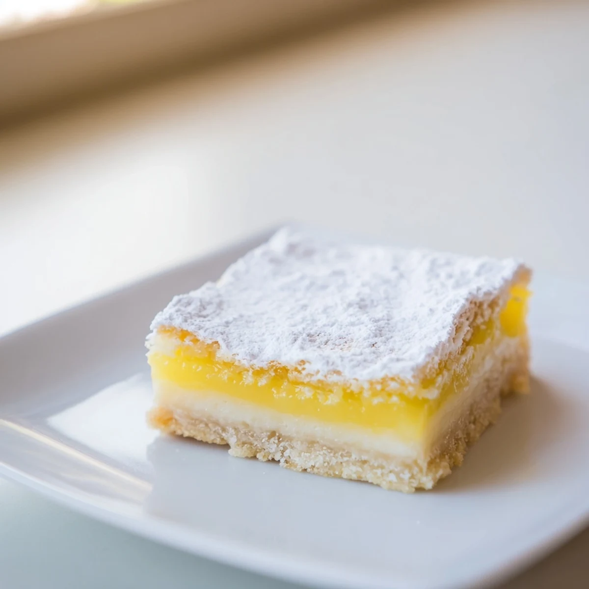Buttery shortbread crust supporting bright yellow lemon filling in these simple lemon bars  