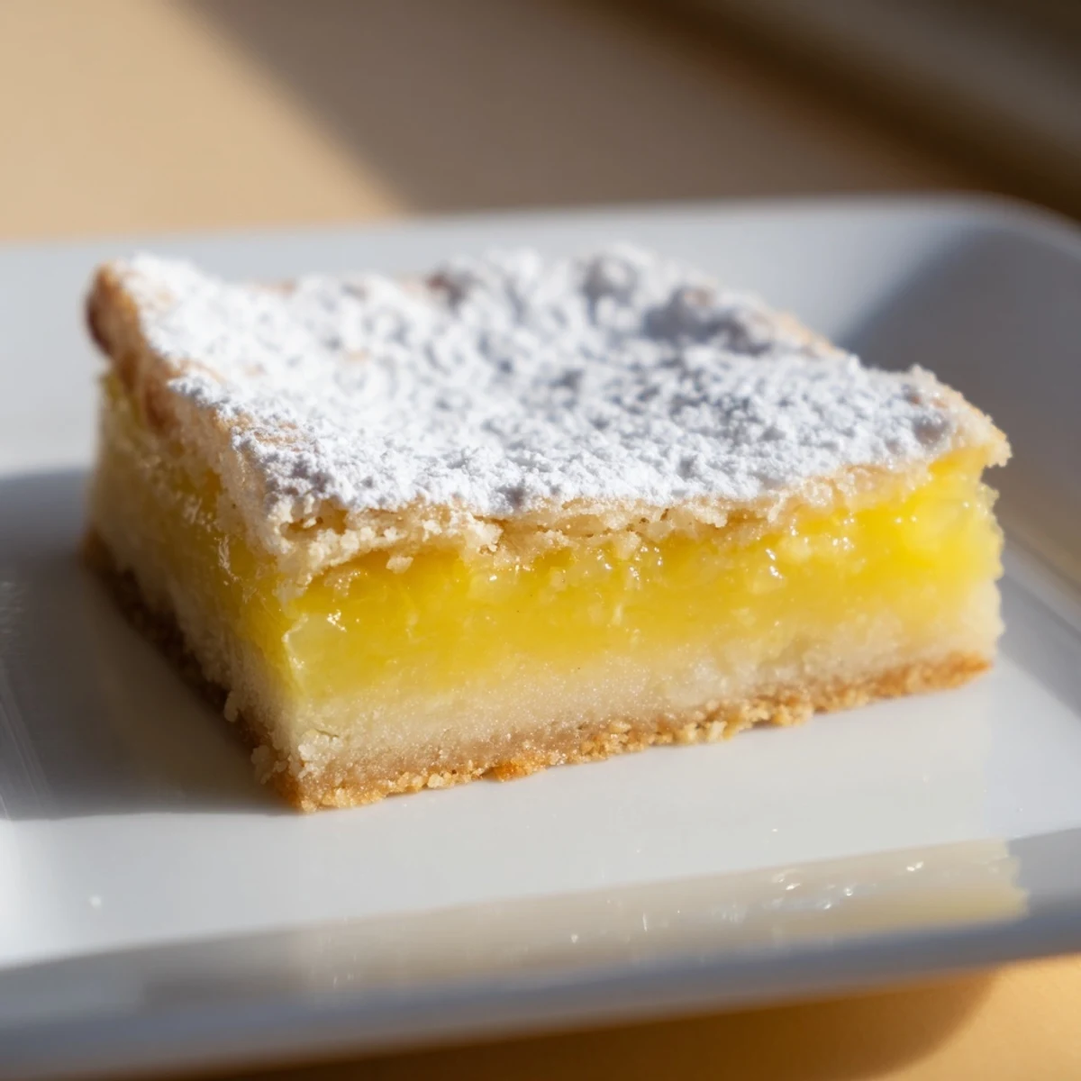 Close-up of simple lemon bars cut into squares with a dusting of sugar
