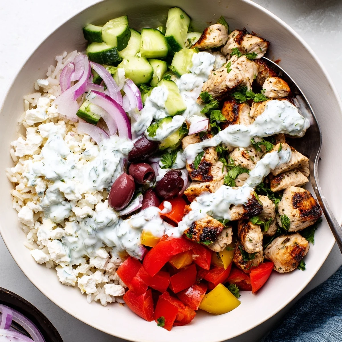 Delicious Greek chicken bowls featuring juicy spiced meat, crisp veggies, and tangy feta cheese crumbles.