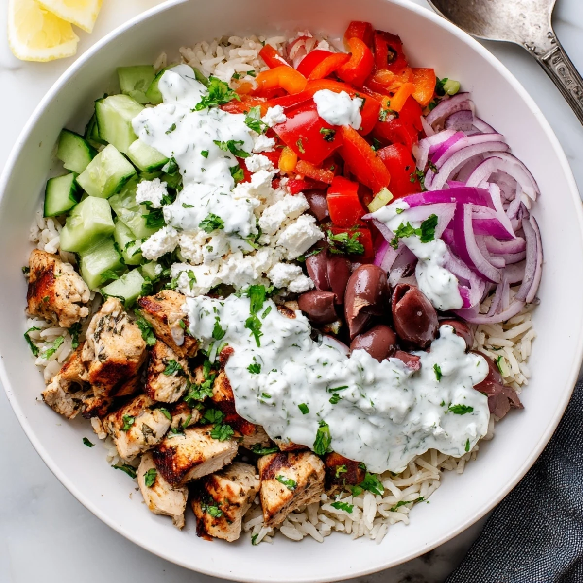 Fluffy rice bowl topped with marinated grilled chicken and fresh vegetables garnished with creamy tzatziki.