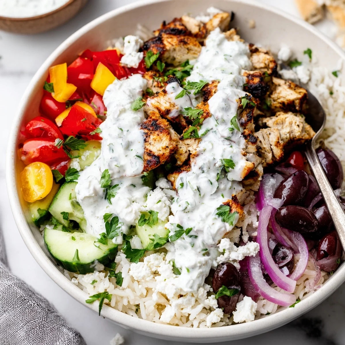 Colorful meal prep bowl of Mediterranean Greek chicken bowls served with tzatziki and sliced olives.