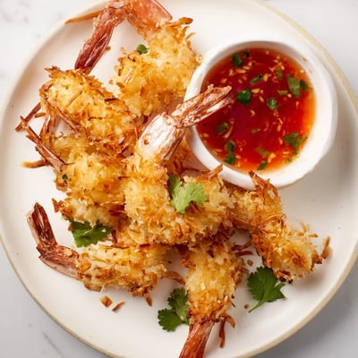Golden fried coconut shrimp piled high, garnished with fresh cilantro and lime wedges on a platter.