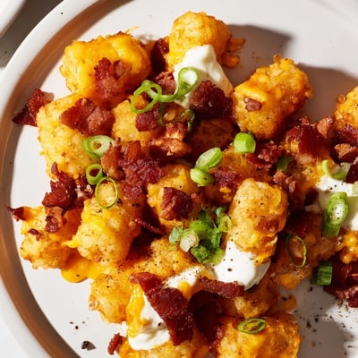 A close-up of Loaded Tater Tots with Cheese and Beef Bacon Bits, showing melted cheddar and mozzarella over crunchy tots.  