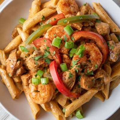Close-up view of tender chicken pieces, plump shrimp, and vibrant bell peppers mixed into a bowl of Spicy Jambalaya Pasta.