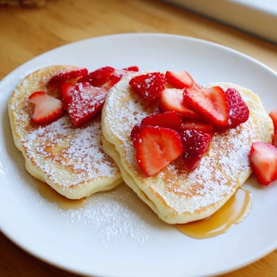 Close-up of fluffy Valentine Breakfast Pancakes garnished with vibrant strawberries and a dollop of whipped cream on a rustic plate.