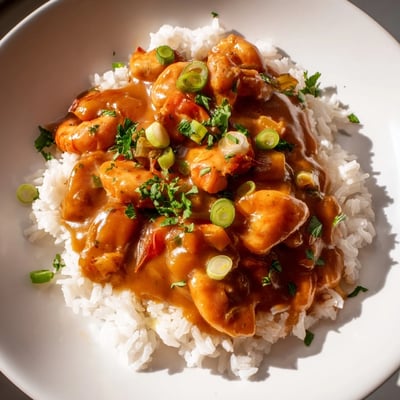 A rustic bowl of crawfish étouffée with fluffy white rice, garnished with fresh green onions and parsley for a vibrant Creole presentation.