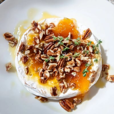 Golden, melty Baked Brie with Apricot Preserves and Pecans served with crackers, ready for a cozy appetizer spread.