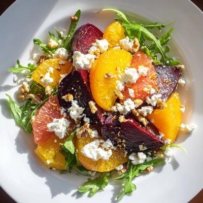 A platter of Roasted Beet and Citrus Salad with Arugula features crumbled goat cheese and toasted walnuts, ready to serve as a light main course.