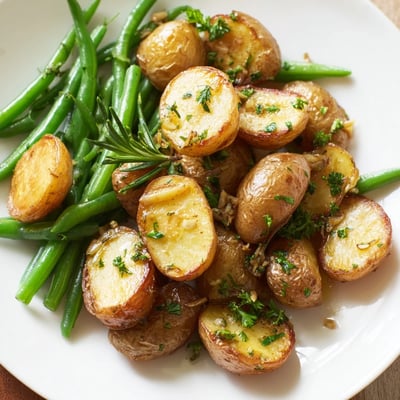 A close-up view of crispy Garlic Herb Roasted Potatoes and tender green beans, glistening with olive oil and flecked with rosemary.  