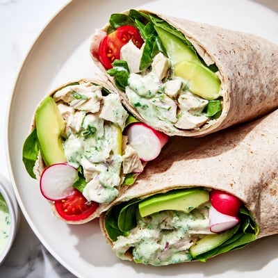 A close-up of sliced Green Goddess chicken salad wraps, showcasing vibrant radishes and cherry tomatoes nestled in herbaceous dressing and spinach.
