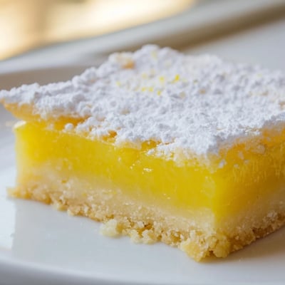 Tangy lemon bars sliced into neat squares topped with snowy powdered sugar