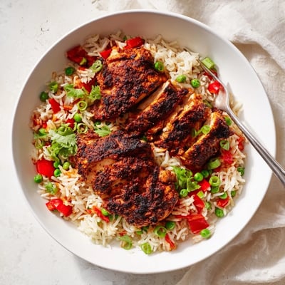 Spicy jerk chicken rice steaming in a skillet topped with spring onions and herbs