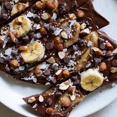 Rich chocolate banana bark broken into rustic shards on parchment paper