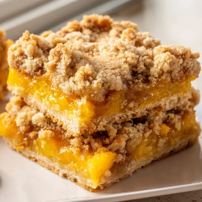Warm sweet and buttery peach bars with cinnamon streusel sliced into squares on a rustic cutting board