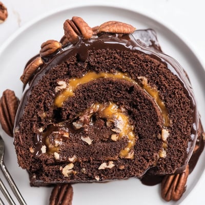 Gooey Chocolate Caramel Turtle Cake Roll topped with crunchy pecan halves